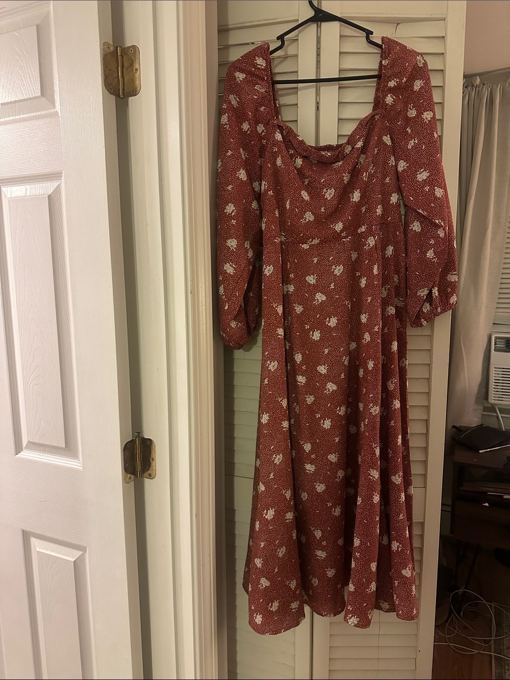 Rust Floral Cowl-Neck Maxi Dress with Puff Sleeves
